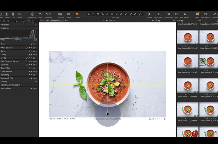 Screenshot of Capture One software showing how to use guides in food photography editing.