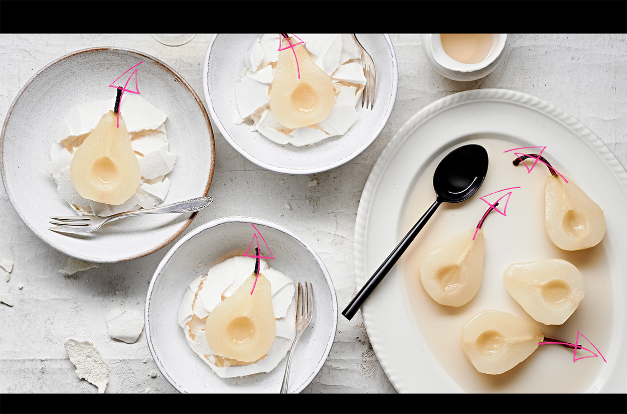 Pink arrows showing the stems of the poached pears should point in different directions.