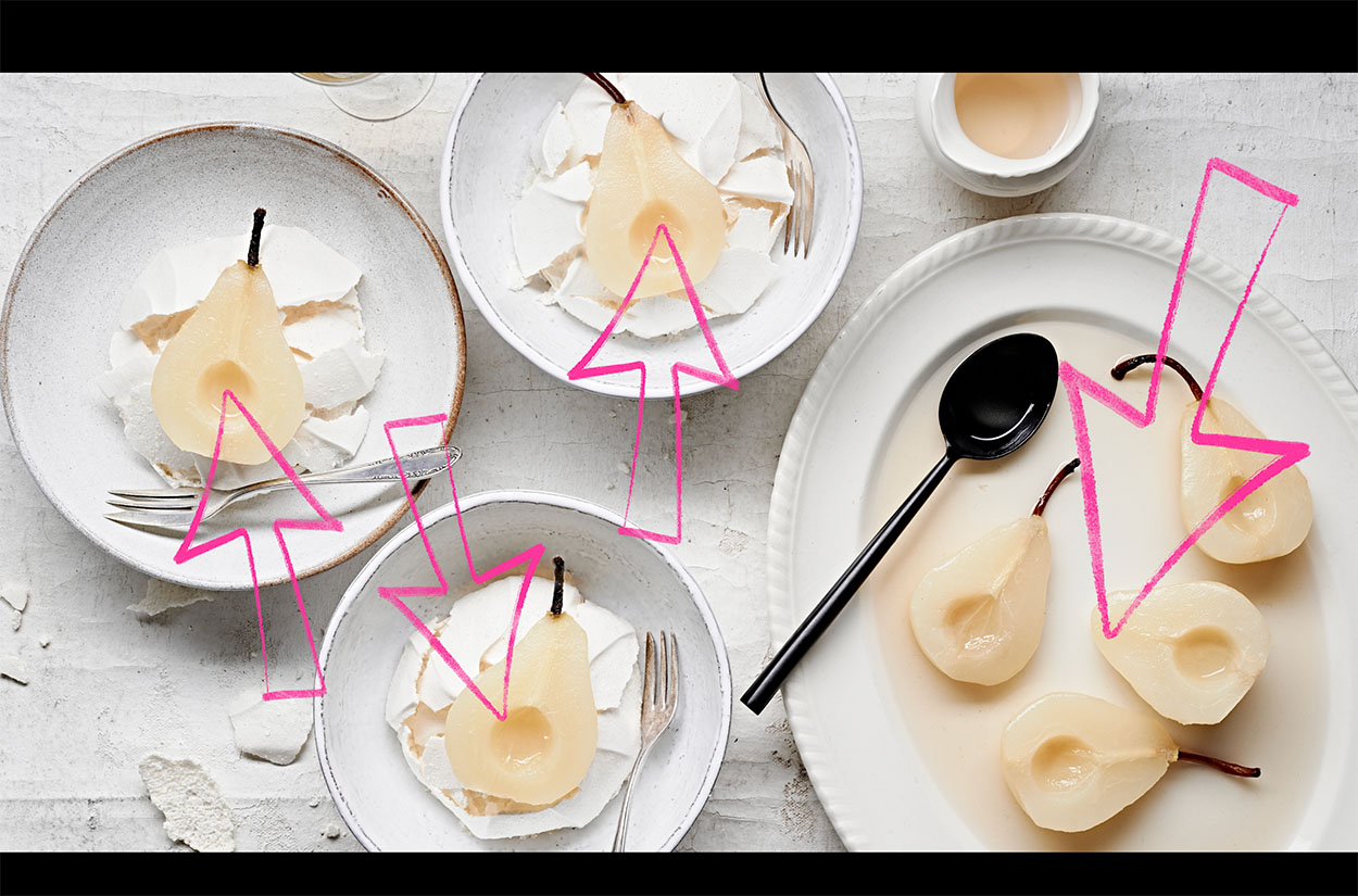 Pinks arrows on white wine poached pears.