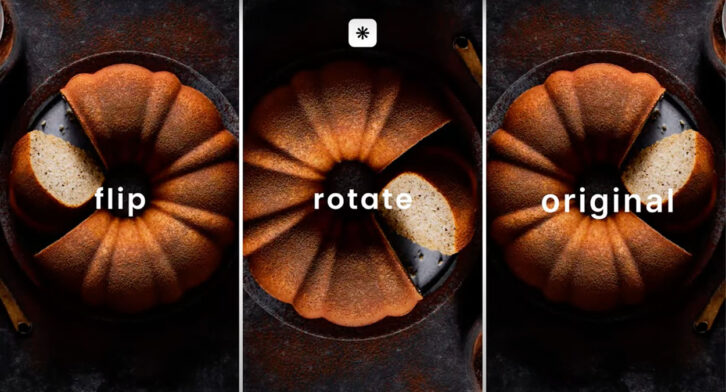 Three images of a chai bundt cake with the words, flip, rotate and original. To visualise the difference the rotate and flip tools have on photo editing in food photography.