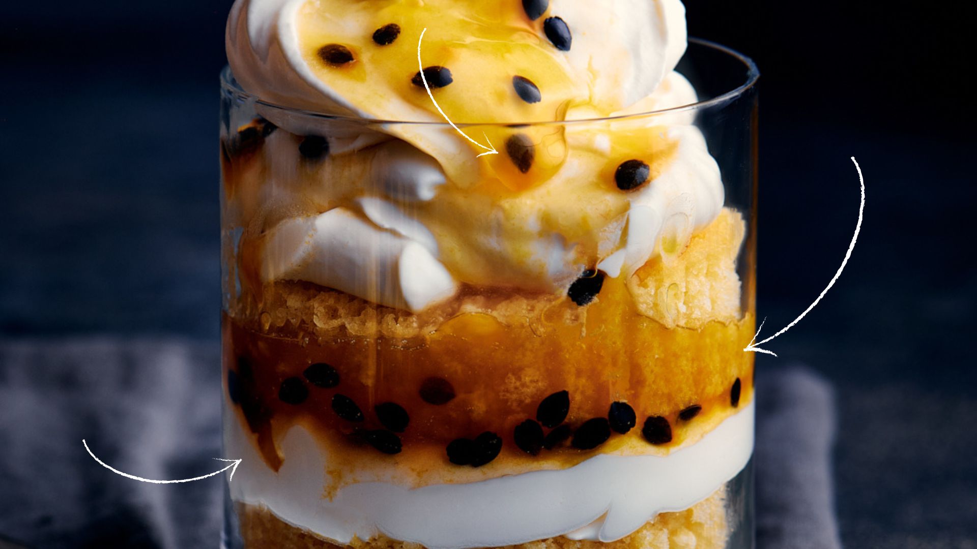 close up shot of a passionfruit trifle, discussing the composition of the layers that make the food photo interesting