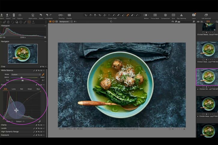 Screenshot of editing a bowl of soup using the curve tool to edit a dark food photo