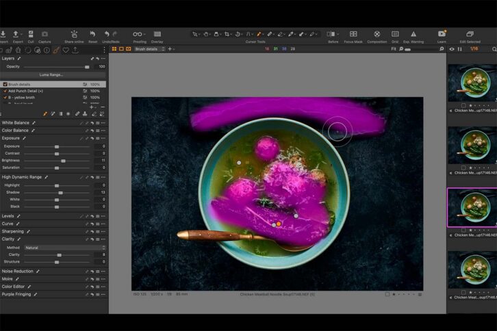 Screenshot of editing a bowl of soup using a masking tool to bring out the shadows in areas of important details.