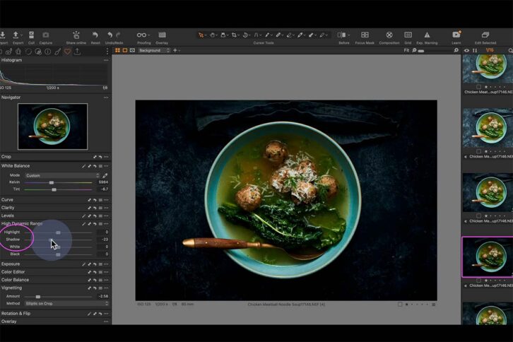 Screenshot of editing a bowl of soup and adding shadows for a moody photo.