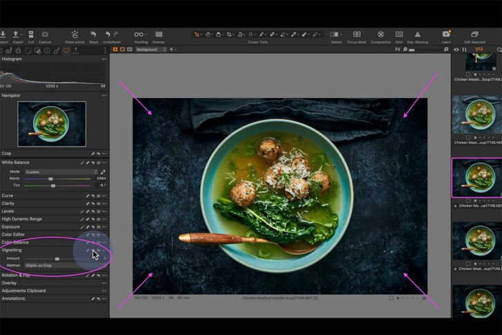 Screenshot of editing a bowl of soup by adding a vingette to edit a dark food photo.