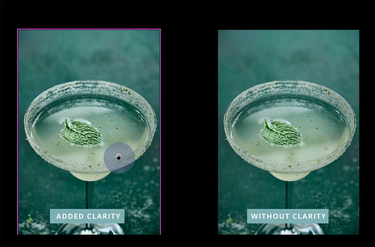 Before and after photo of a margarita showing how clarity editing tools affect an image.