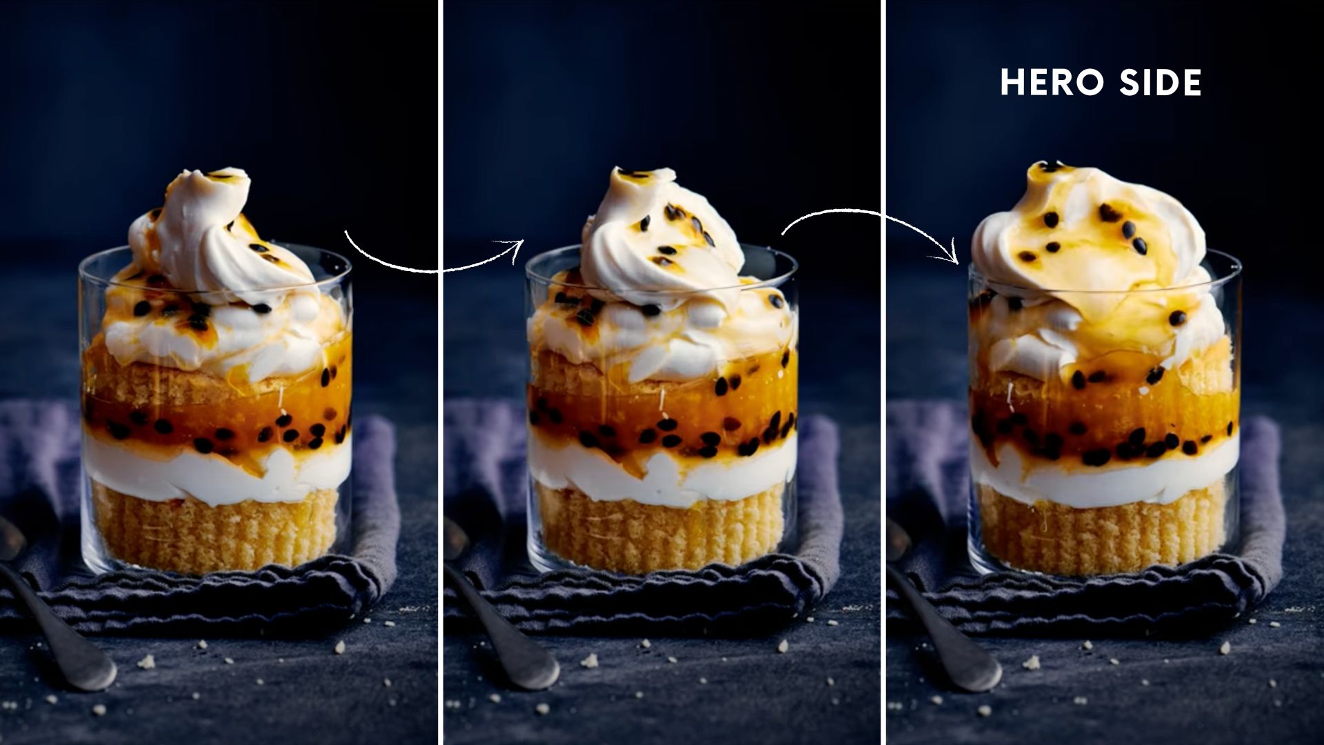 Passion fruit trifle at three different angles to see which one looks the best.