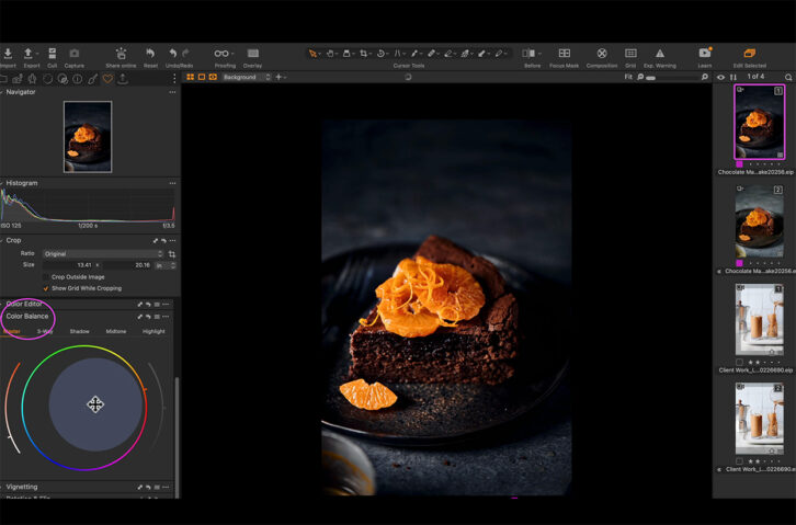 screenshot of a chocolate cake in capture one having a color grade applied.