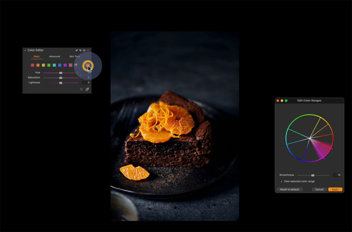 screenshot of a chocolate cake in capture one altering the hues for color correction.