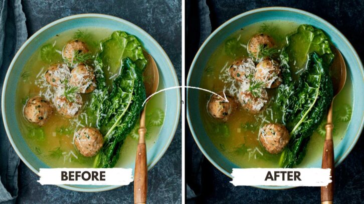 Side by side photo of before and after editing a moody chicken meatball soup.