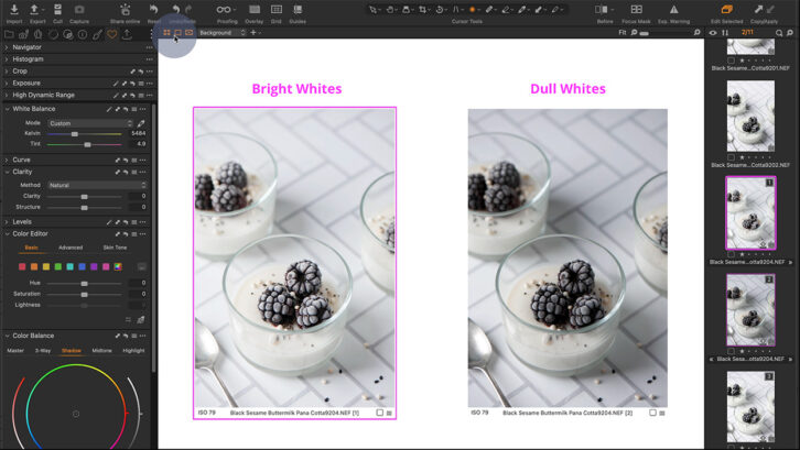 Screenshot of editing software Capture One: Side by side comparison of bright vs dull whites.