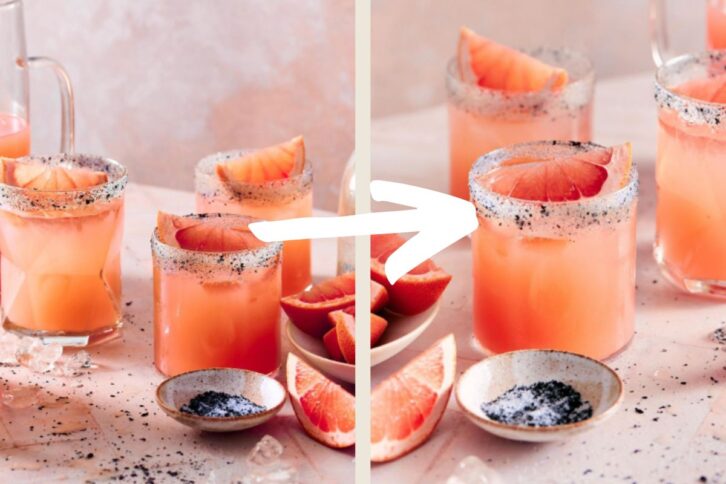 two reversed photos of glasses filled with coral colored drinks and slices of grapefruit inside