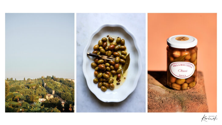 Triptych of images about tuscan olives.