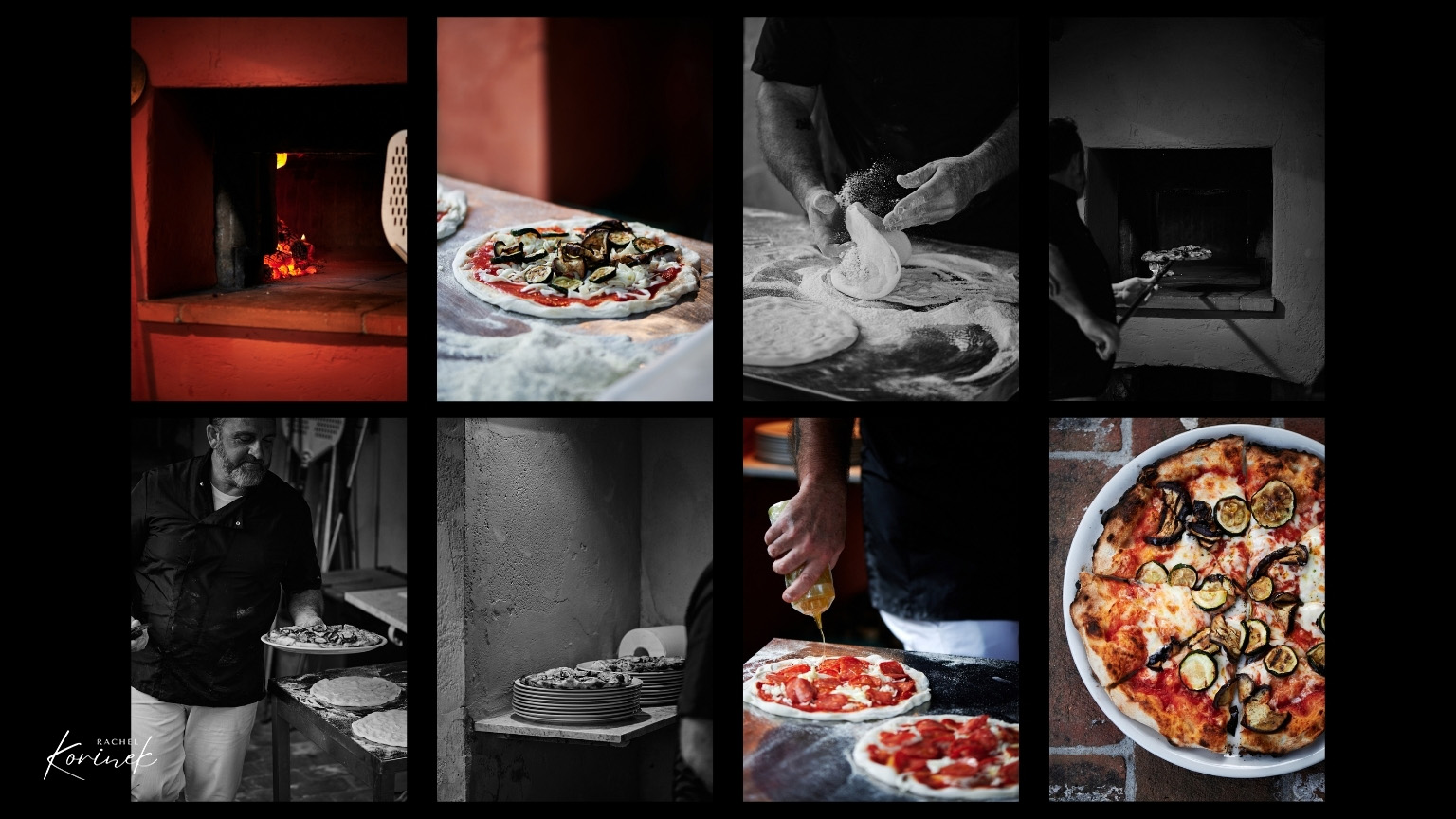 A series of 8 images of wood fired pizza making. 