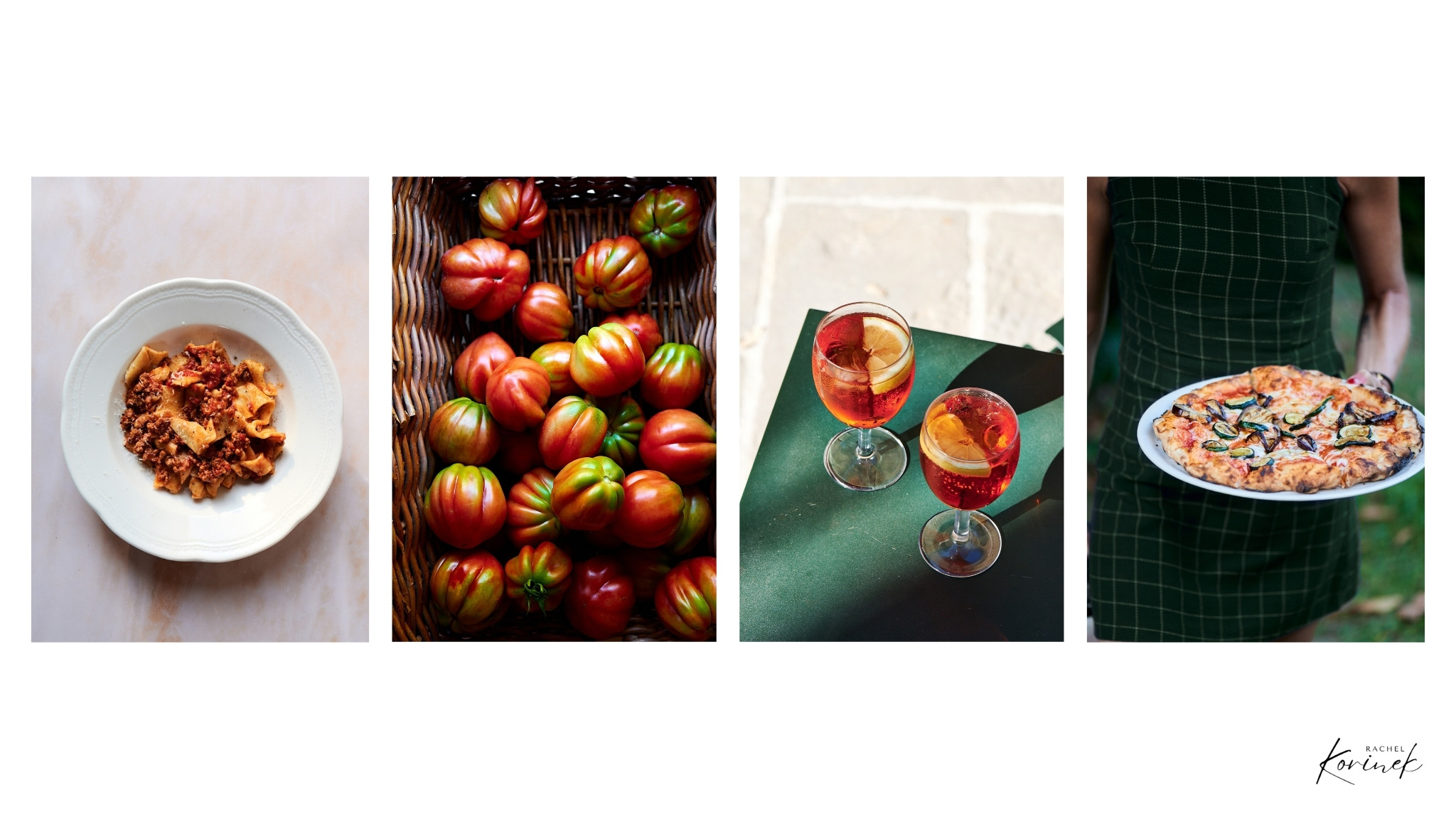 Collage of four images of pasta, roma tomatoes, aperol spritz and someone holding a pizza.