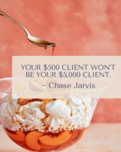 A dessert with whipped cream, peaches, and syrup being poured into a glass. Overlaid Chase Jarvis quote