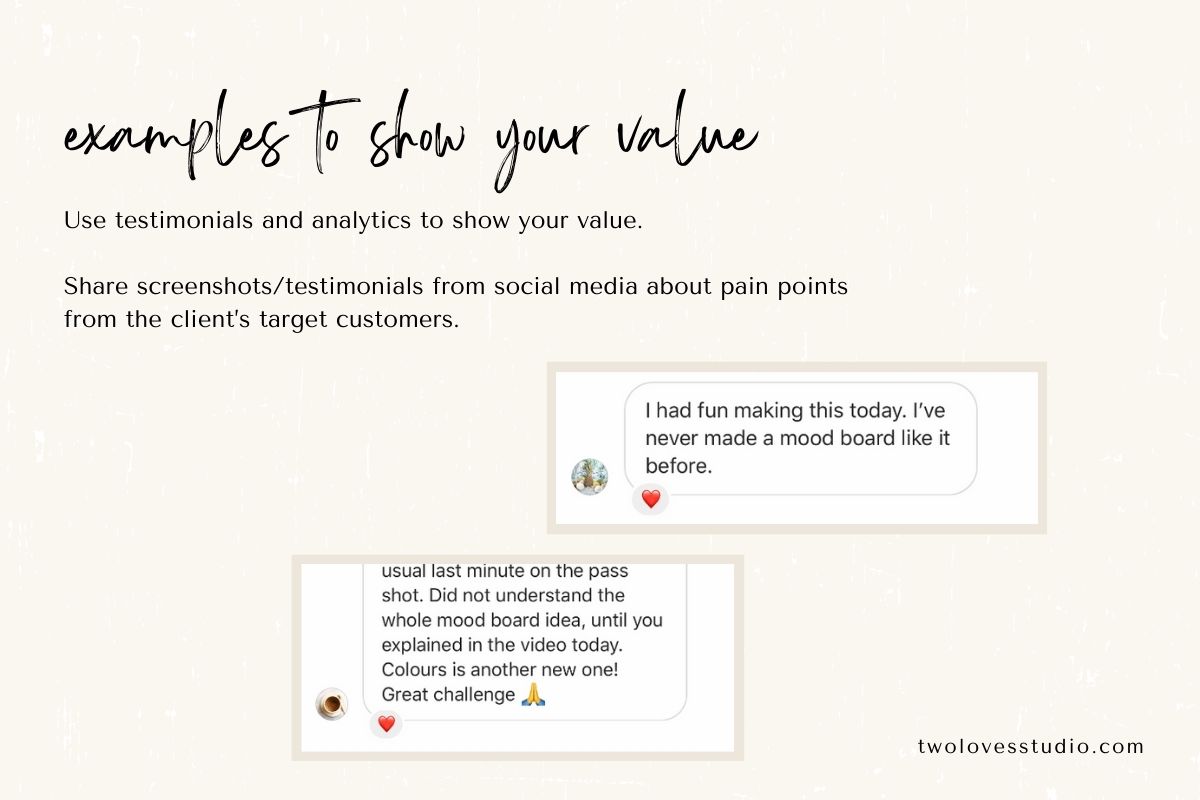 A presentation slide titled examples to show your value suggests using testimonials and analytics.